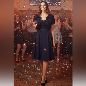 JS BOUTIQUE black chiffon dress with upper rose decal & matching bolero size 10